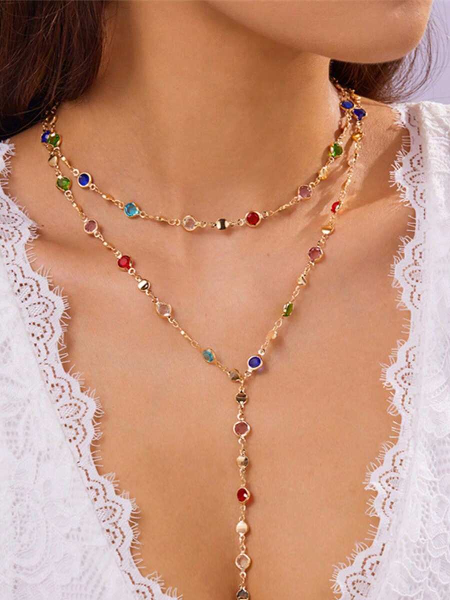 1pc Fashionable Colorful Tassel Necklace, Unique Y-Shaped Necklace Suitable For Parties, Vacations, Gifts, Daily Wear - Gold - View 1
