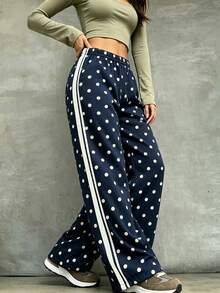 Women's Sports Long Pants, Dual Pockets, Straight Leg, Thin Summer Style, Elastic Waist With Drawstring Design, Fashion Polka Dot Pattern - Navy Blue - View 1
