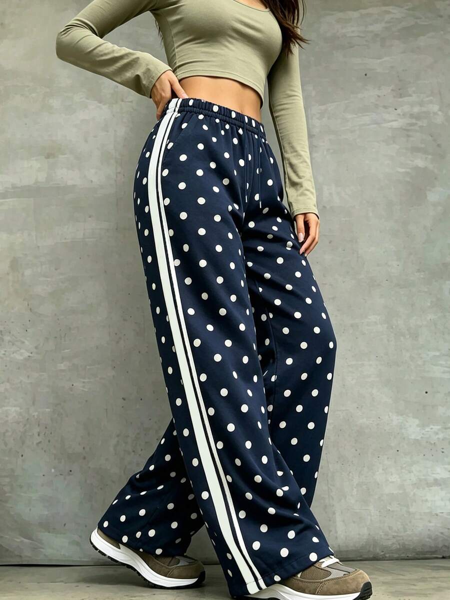 Women's Sports Long Pants, Dual Pockets, Straight Leg, Thin Summer Style, Elastic Waist With Drawstring Design, Fashion Polka Dot Pattern - Navy Blue - View 1