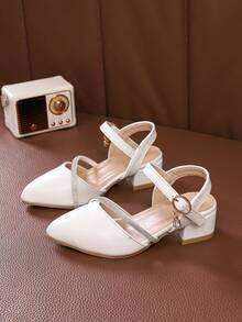 Girls' White Rhinestone Lace-Up Ankle Strap Pendant Square Toe Chunky Heel Sandals, Sweet Elegant Formal Shoes, Suitable For Daily Wear And Parties - White - View 5