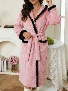 Spring Autumn Winter Thickened Long Sleeve Lace Patchwork Jacquard Cable Knit Plush Women's Robe Bathrobe - Pink - View 3