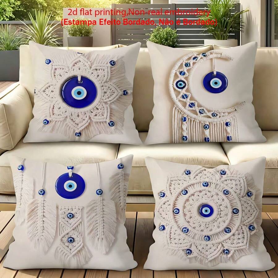 4pcs Evil Eye Macrame Textured Pillow Cover, Boho Style, Single-Sided 2D Print Non-Real Embroidery Soft Polyester Cushion Case, 45x45cm (18x18 Inch), Zipper Closure, Machine Washable, For Living Room Bedroom Home Decor (Pillow Insert Not Included) - Multicolor - View 1