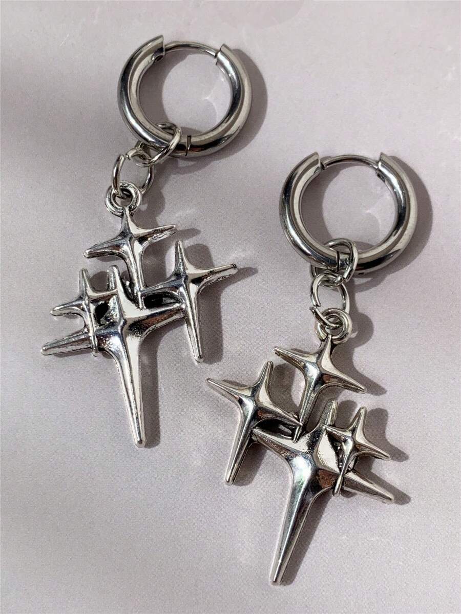 1 par de pendientes de estilo gótico punk vintage con estrella de cuatro puntas, diseño de estrella apilada, adecuado para mujeres, Día de San Valentín, mamá, regalo del Día de la Madre, regalo de Halloween, unisex