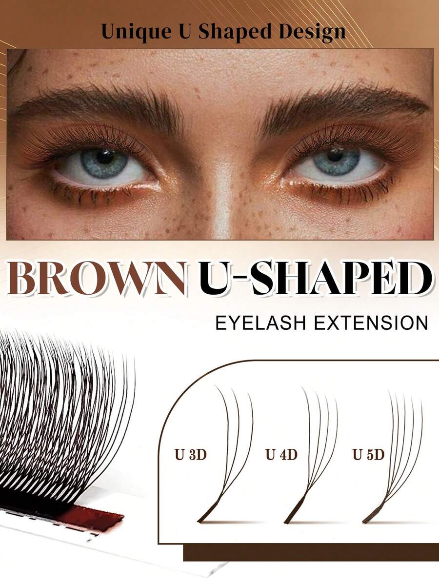 CoMango 12 Rows D Curl Brown U-Shaped 3D 4D 5D Eyelash Extensions, New U-Shaped W Bloom Velvet Fiber Lashes, Narrow Angle Pre-Made Lash Fans, Lightweight Fluffy Faux Mink False Eyelashes
