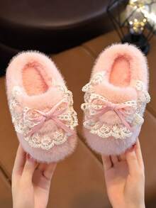 Girls' Indoor Fuzzy Slippers, Princess Style Closed-Toe Slippers For Toddlers, Young Children And Older Kids, Autumn/Winter Bedroom Wear - Pink - View 3