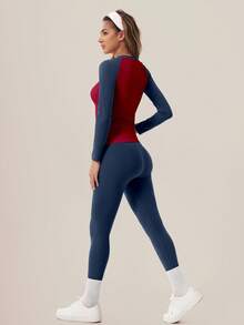 TimeOff Women's One Set Colorblock Round Neck Long Sleeve High Waist Leggings Gym Workout Set - Navy Blue - View 3