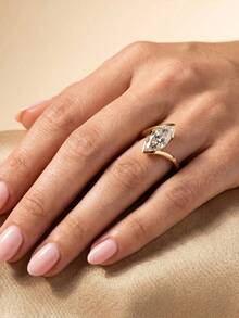 1pc Gold 2ct Women's Ring, Inlaid With High-Shine Marquise Cut Cubic Zirconia. Suitable For Daily Commute And Dating. Luxury Gift Jewelry For Women. - Gold - View 3