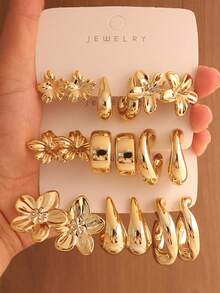 6/18PCS Fashionable Elegant Floral Geometric Textured Metallic Earring Set Suitable For Party, Banquet, Travel, Wedding, Vacation, Daily Wear Jewelry Gift (Lightweight ABS Material, Non-Fading) - Gold - View 1