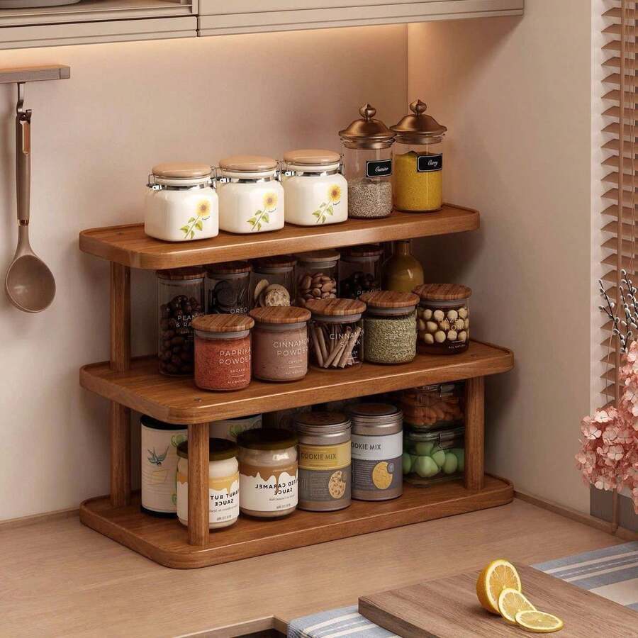 3 Tier Bamboo Kitchen Countertop Organizer, Wooden Coffee Bar Storage Shelf, Multi-Layer Spice Rack For Kitchen, Bathroom & Home Decor - Multicolor - View 1