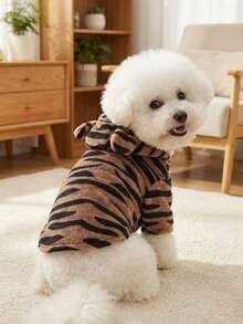Sweatshirt Berkerudung Motif Garis Harimau untuk Hewan Peliharaan, Leher Bulat, Hangat & Nyaman, Gaya Liar yang Berani, Cocok untuk Anjing dan Kucing Kecil hingga Sedang untuk Pemakaian Sehari-hari di Dalam dan Luar Ruangan - Coklat - View 3