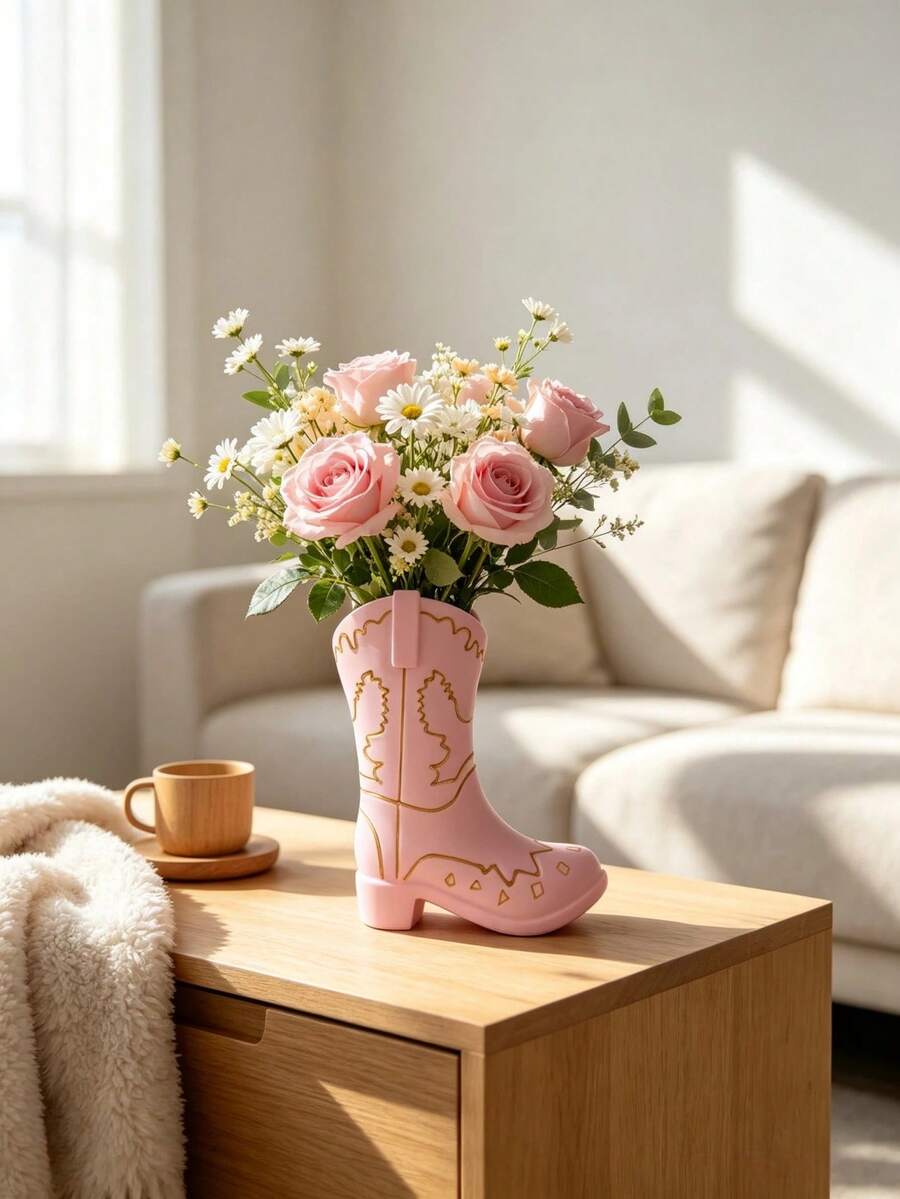 1pc Cowboy Boot Shaped Vase, Western Style Decorative Flower Pot, Bohemian Tabletop Centerpiece, Unique Desktop Ornament, Suitable For Living Room Bedroom Home Decor - A - View 1
