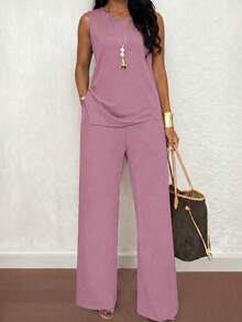 3pcs Plus Size Women Casual Solid Color Outfit Set: Jacket/Cardigan + Round Neck Sleeveless Top + Elastic Waist Straight Leg Pants, Soft Stretchy Fabric, Loose Fit, Comfortable For Commuting, Spring/Autumn/Winter Elegant - Baby Pink - View 2