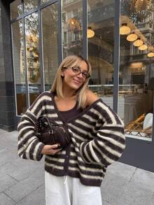 Brown And White Striped V-Neck Mohair Knit Cardigan, Soft Fluffy Dropped Shoulder Short Length, Vintage Slouchy Single-Breasted Long Sleeve Knit Cardigan - Brown - View 3