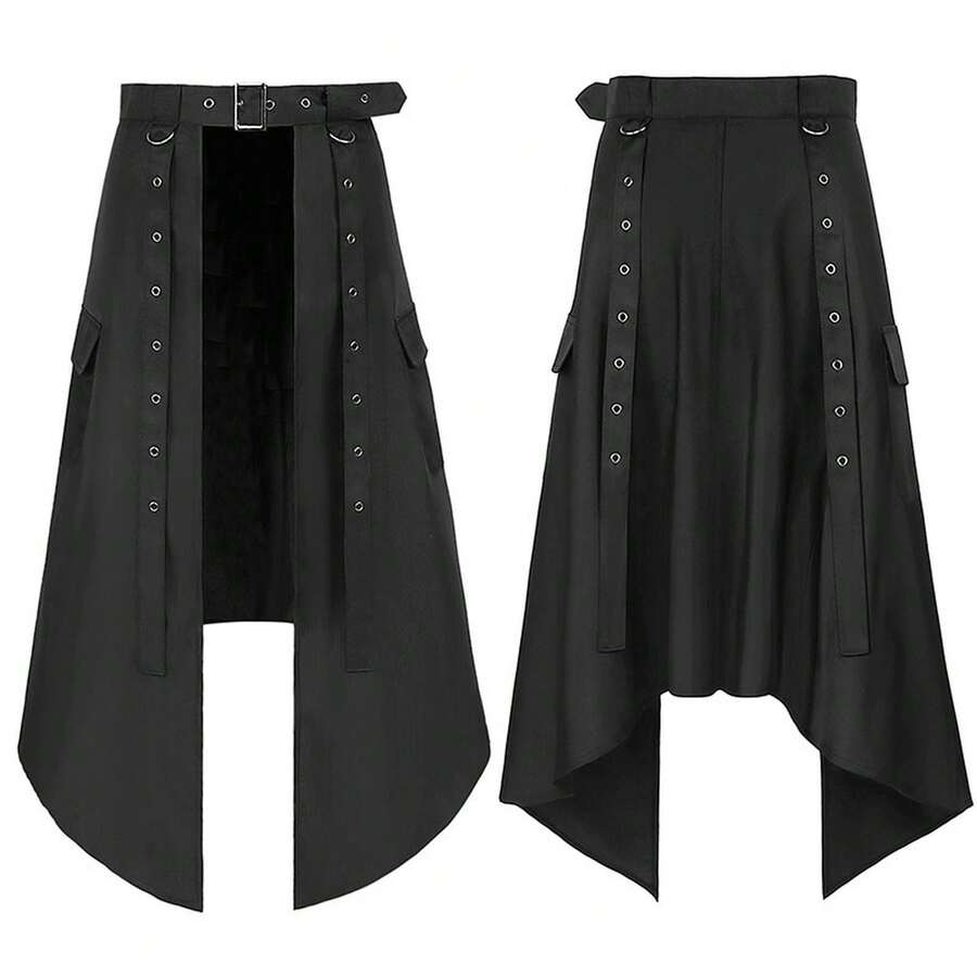 Jupe ceinturée pour homme de style rétro, jupe cintrée à la taille, jupe de danse de couleur unie, cintrée à la taille. - noir - Voir 1