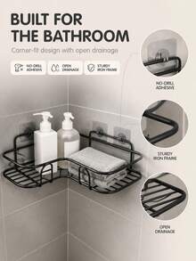 2-Tier Triangle Corner Bathroom Shelf, Dual Installation Metal Shower Storage Rack, No Drill No Screw Adhesive Installation, Rust-Proof With Guardrail Wall Shelf, Suitable For Shower, Toilet Side, Sink, Skincare, Cosmetics, Kitchen Accessories Storage - Black - View 5