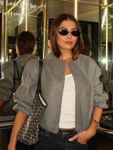 Grey Women Fall Winter Cropped Zip Up Jacket Round Neck Loose Long Sleeve Pocket Coat Halloween Homecoming Christmas Outfit - Grey - View 1
