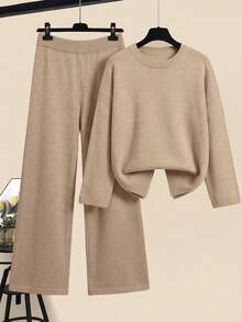 Women's Plus Size Solid Color Knit Set, Long Sleeve Knit Top + Loose Pants 2-Piece Set, Soft Comfortable Casual Loungewear, Suitable For Daily Wear, Autumn/Winter - Khaki - View 3