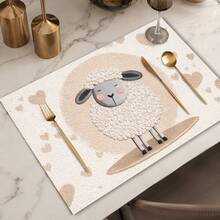 1pc Cartoon Sheep Heart Pattern Faux Linen Placemat, Cute Pastoral Style Rectangular Bowl & Plate Mat, Easy To Clean Table Decor, Suitable For Home Kitchen, Restaurant, Cafe And Holiday Decoration, 2/4/6/8pcs Multi-Piece Set - Multicolor - View 4