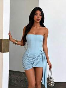 夏季優雅派對晚禮服，女款性感百褶設計沙灘洋裝，適合度假、婚禮、假日、約會 - 藍色 - 查看 2