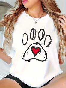 Women's T-Shirt With Paw Print And Red Heart Designs, Perfect For A Casual And Modern Style.A Suitable And Fun Garment - 白色 - 查看 1