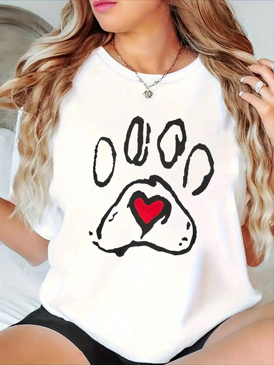 Women's T-Shirt With Paw Print And Red Heart Designs, Perfect For A Casual And Modern Style.A Suitable And Fun Garment - 白色 - 查看 1