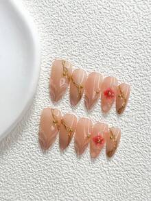 10件裝溫柔優雅風手工穿戴甲，Polygel美甲套組，手繪花卉圖案，紅金配色，奢華風格，含美甲工具，3種尺寸可選，杏仁/鴨嘴/棺材形，適合派對、跳舞、日常配戴 - 彩色 - 查看 18