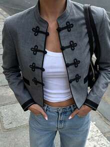 Seelio Autumn New Women's European And American Style Fashion Minimalist Versatile Knot Button Blazer Jacket - Grey - View 2