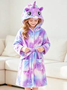 Tween Girl Purple Starry Sky Unicorn Long Sleeve Hooded Pajamas Bathrobe - Multicolor - View 2
