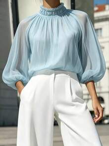 French Elegant Youthful Vacation Style Sheer Lightweight High Neck Lantern Sleeve Pullover - Blue - View 1