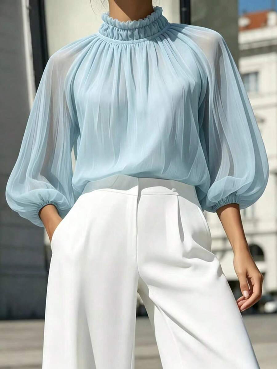 French Elegant Youthful Vacation Style Sheer Lightweight High Neck Lantern Sleeve Pullover - Blue - View 1