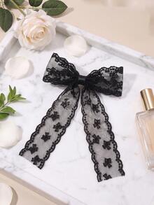 2 Pcs Black Lace Bow Hair Clips, Long Ribbon Floral Mesh Hair Bows Barrettes, Vintage Coquette Hair Accessories For Women Girls - Black - View 3