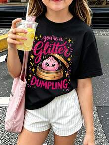 青少年女孩休閒趣味印花圓領套頭短袖T恤夏季上衣 - 黑色 - 查看 2