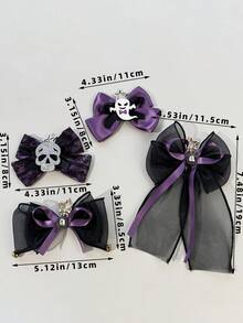 1pc Halloween Themed Satin Bow Hair Clip With Ghost, Skull, Star Decor, Mesh Ribbon Design, Back To School, Travel, Photo Shoot, Dark Aesthetic Style Accessory - Multicolor - View 9