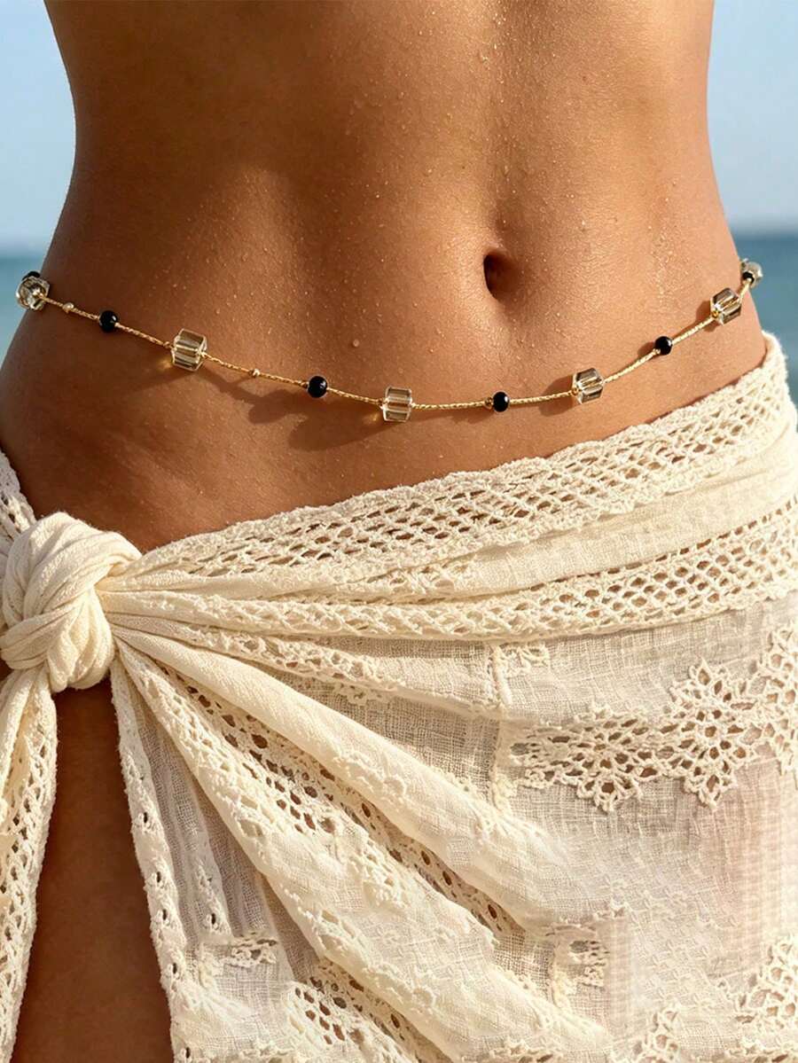 Bohemian Style Square Artificial Crystal Pearl Waist Chain, Sexy Metal Thin Chain Fringed Body Chain - Waist Chain - View 1