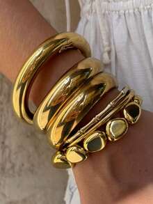 6/1pc Vintage Elegant Wide Metal Bracelet & Beaded Bracelet Set, Suitable For Women's Daily Wear - Yellow Gold - View 1