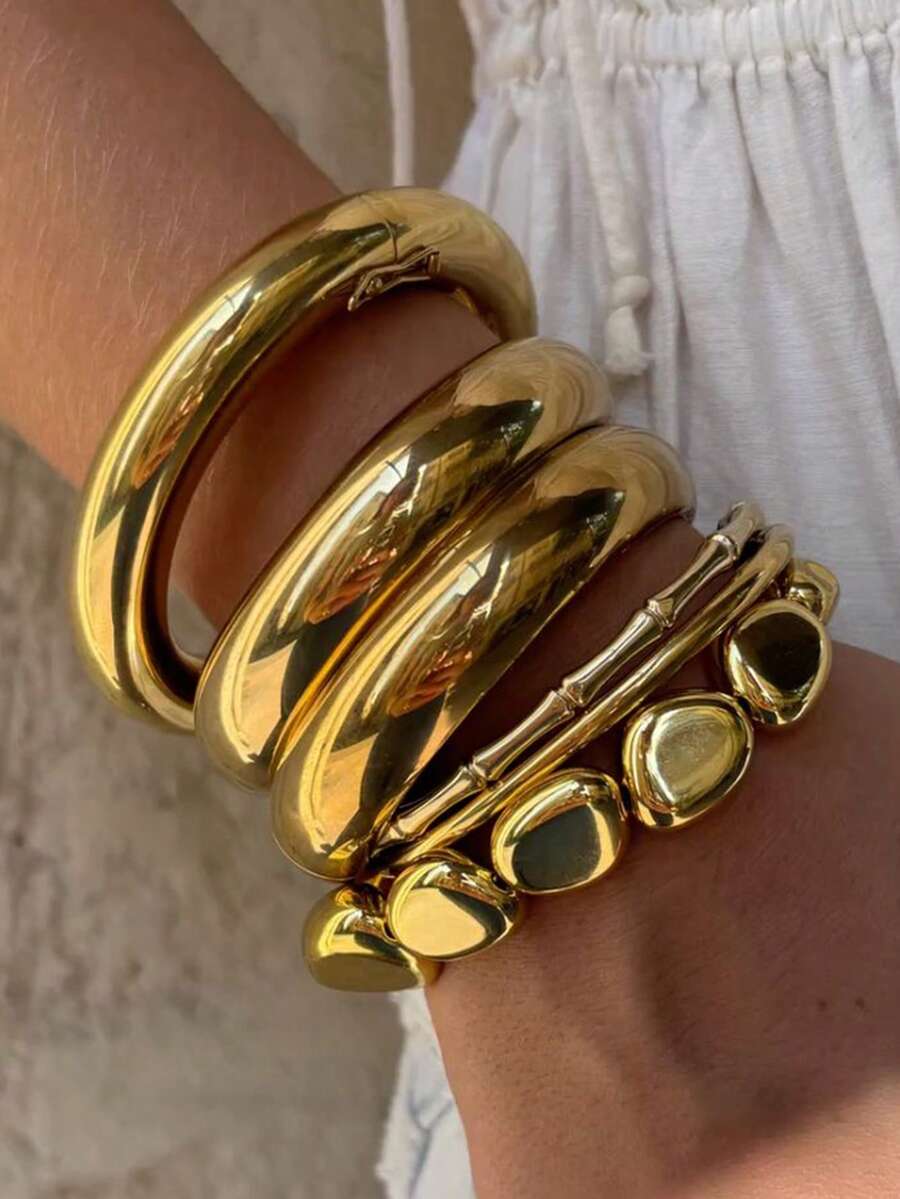 6/1pc Vintage Elegant Wide Metal Bracelet & Beaded Bracelet Set, Suitable For Women's Daily Wear - Yellow Gold - View 1