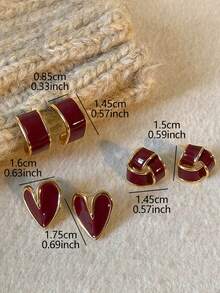 3 Pairs French Vintage Geometric Heart Enamel Stud Earrings Set, Suitable For Women's Daily Commute And Holiday Wear - Burgundy - View 3