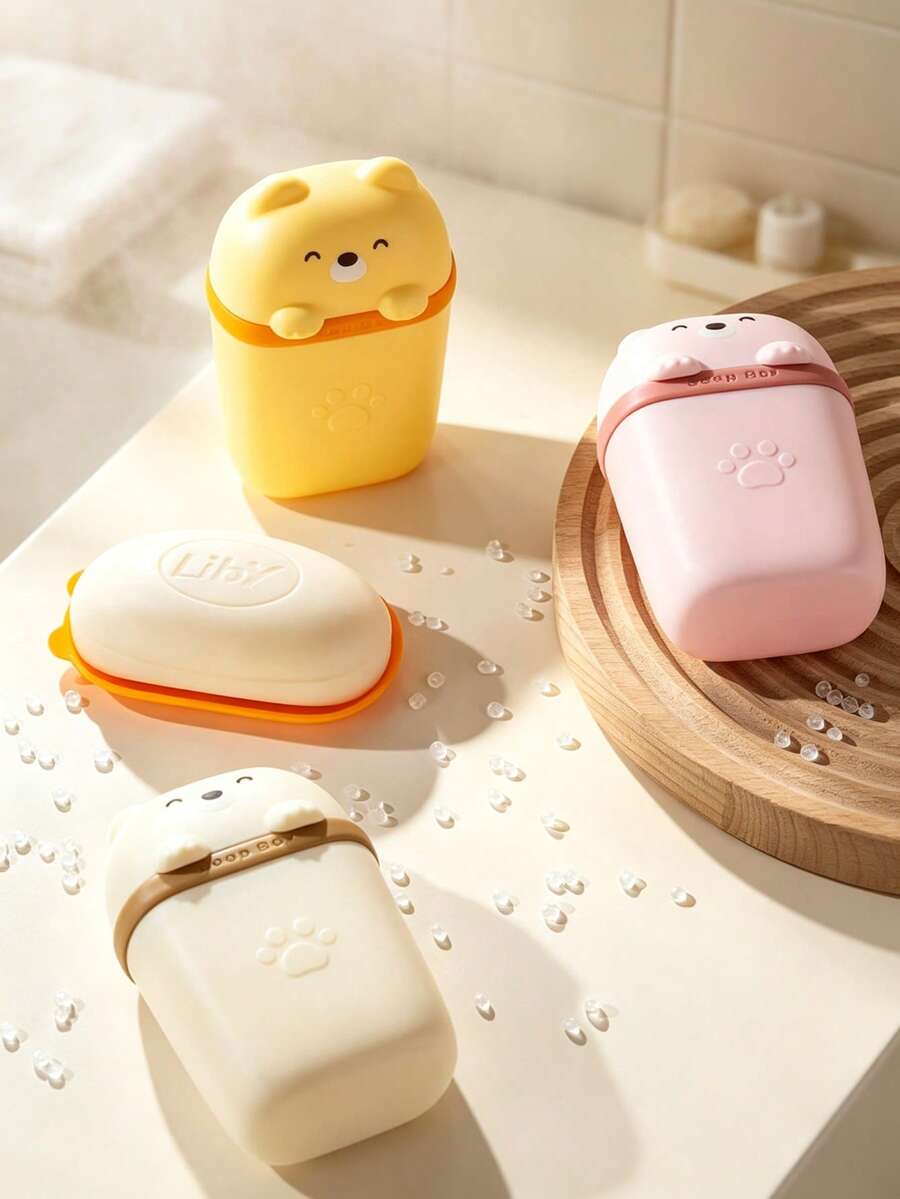 Cute Bear Portable Soap Box With Lid, Draining Storage Container For Home Bathroom, Travel Soap Holder, Dust-Proof And Moisture-Proof, Clean And Hygienic, Adorable Design Suitable For Various Washing Scenarios - Multicolor - View 1