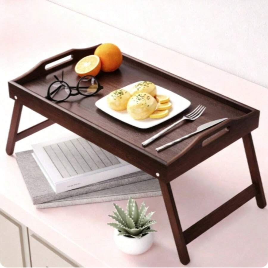 1pc Wooden Bed Tray Table With Foldable Legs, Can Be Used As Laptop Tray, Breakfast Tray, Suitable For Sofa, Bed, Dining Table (Brown) Christmas Gift - Brown - View 1