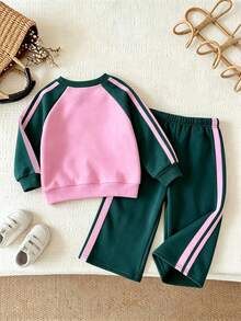 Baby Girl Bow Pattern Print Round Neck Long Sleeve Top And Pants - Pink - View 3