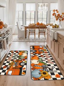1/16Pcs Hello Fall Theme Doormat, Thanksgiving Door Mat, Printed With Orange Pumpkin, Maple Leaf And Black & White Plaid Pattern, Autumn Harvest Festival Decoration Mat, Welcome Kitchen Rug, Dirt-Resistant Floor Mat, Autumn Party Decoration - Multicolor - View 5