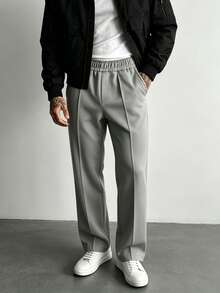 男士春季軟針織直筒褲，彈性腰帶前褶休閒長褲 - 深灰色 - 查看 3