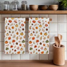 2PCS Kitchen Towel, Autumn Fallen Leaves And Pumpkin Pattern Print, 40*60cm Rectangular Microfiber Kitchen Towel, Dish Cloth, Tablecloth, Hand Towel, Kitchen Decor, Home Decor, Housewarming Gift For Neighbors, Kitchen Napkin And Dish Cloth, Home Decor, Gift - Multicolor - View 3