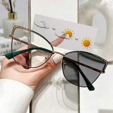 1 pièce Lunettes de mode polyvalentes pour femmes, multifonctionnelles, à strass bicolores, en métal, style œil de chat, changeant de couleur, pour intérieur/extérieur - Or violet/Verres photochromiques - Voir 15