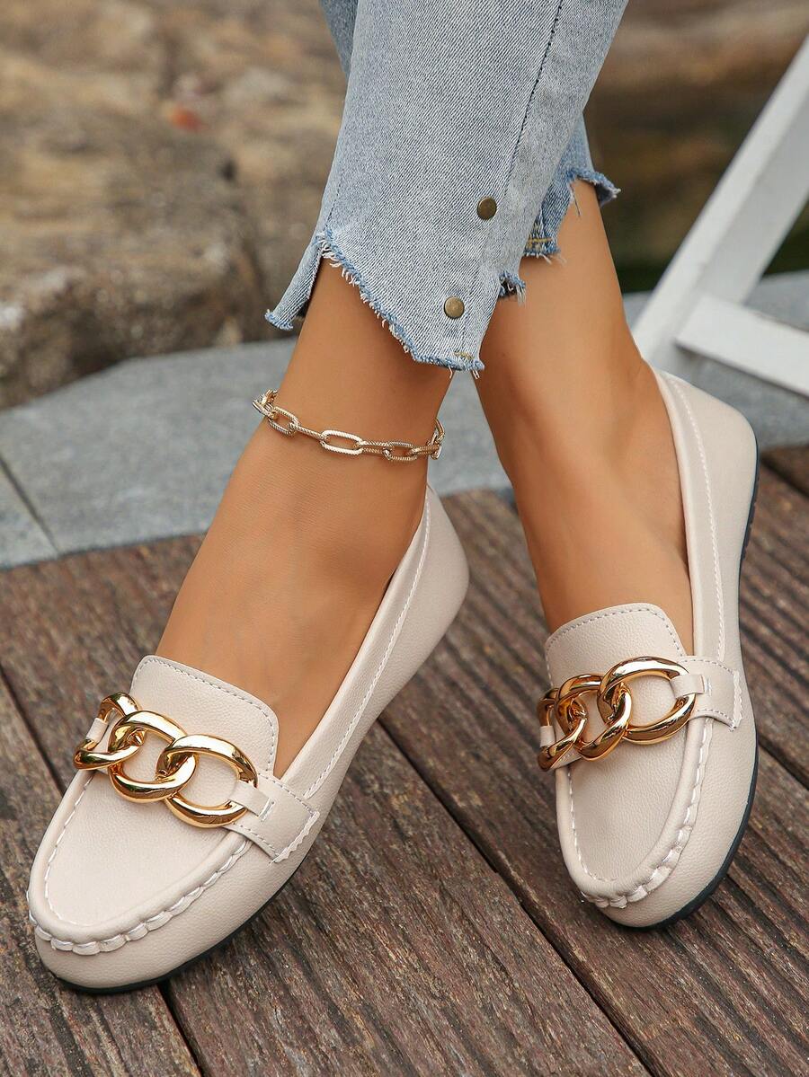 2026 Women's Spring New Beige Chain Elegant Slip-On Loafers, Lightweight Comfortable Versatile Soft Sole Flat Shoes - Beige - View 1