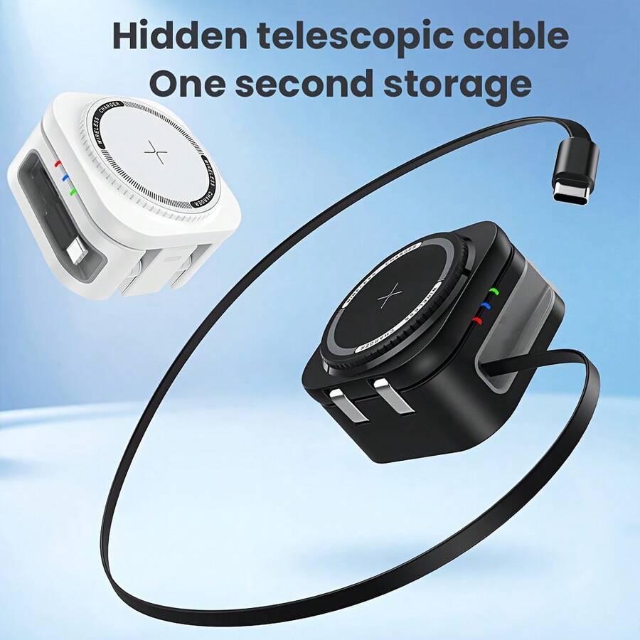 TIMESS 4-in-1 15W Pengisi Daya Nirkabel Cepat Magnetik, Kabel Data Terintegrasi yang Dapat Ditarik dan Dilipat, Dengan Lubang Pembuangan Panas, Kompatibel dengan Ponsel 17 16/15/14/13/12 Pro Max Mini, Smart Watch 9/8/7/SE/6/5/4/3/2, Earbuds 3/2/Pro. Tersedia Dua Warna: Hitam atau Putih