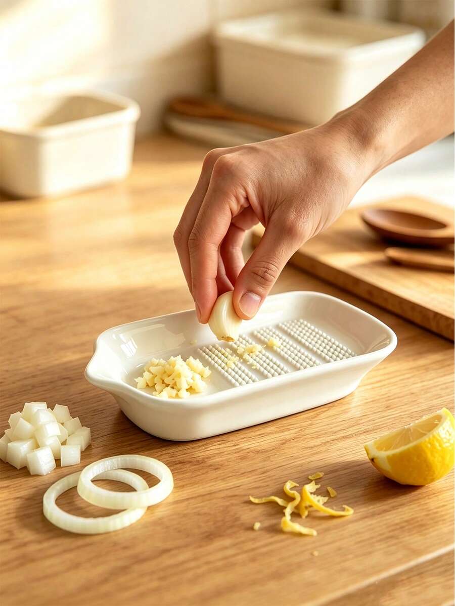 1pc Ceramic Garlic Grinder Plate, Slanted Pourable Garlic Ginger Onion Grinder Plate, Suitable For Home Daily Kitchen Tools, Lemon Herb Mint Spice Grinder Plate, Gift - Multicolor - View 1