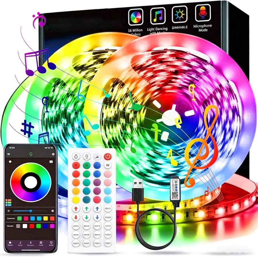 GHUSTAR RGB LED Strip Lights With Infrared Remote And Bluetooth App Control, Self-Adhesive LED Tape Lights, Music Sync And Timer Mode, Suitable For Bedroom, Gaming Room