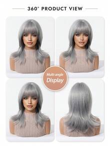 Topshe 16 Inch Light Pink & Silver Layered Cut Women's Wig With Bangs, Shoulder Length Straight Synthetic Fiber Wig, Heat Resistant Fashionable Hairstyle, Suitable For Halloween, Cosplay, Party, Costume Performance And Daily Wear - Multicolor - View 8