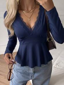 SCARLUX Autumn Y2K Deep Blue V-Neck Fitted Long Sleeve Top, Basic Style, Suitable For Back To School, Business And Casual Wear - Navy Blue - View 5